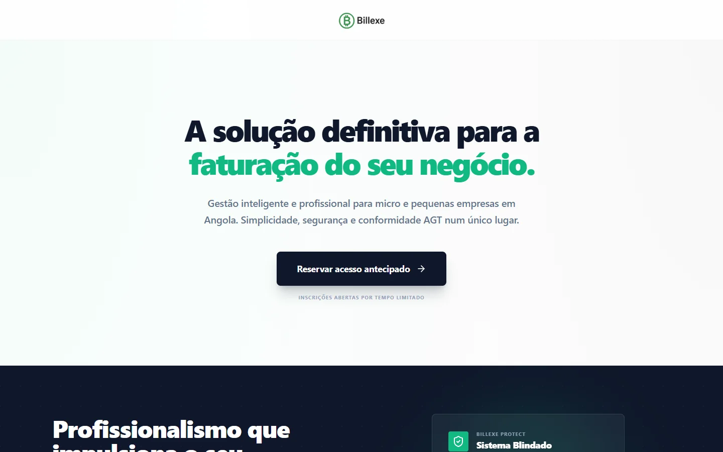 Captura do website público. Os dados de demonstração pertencem à apresentação do produto.