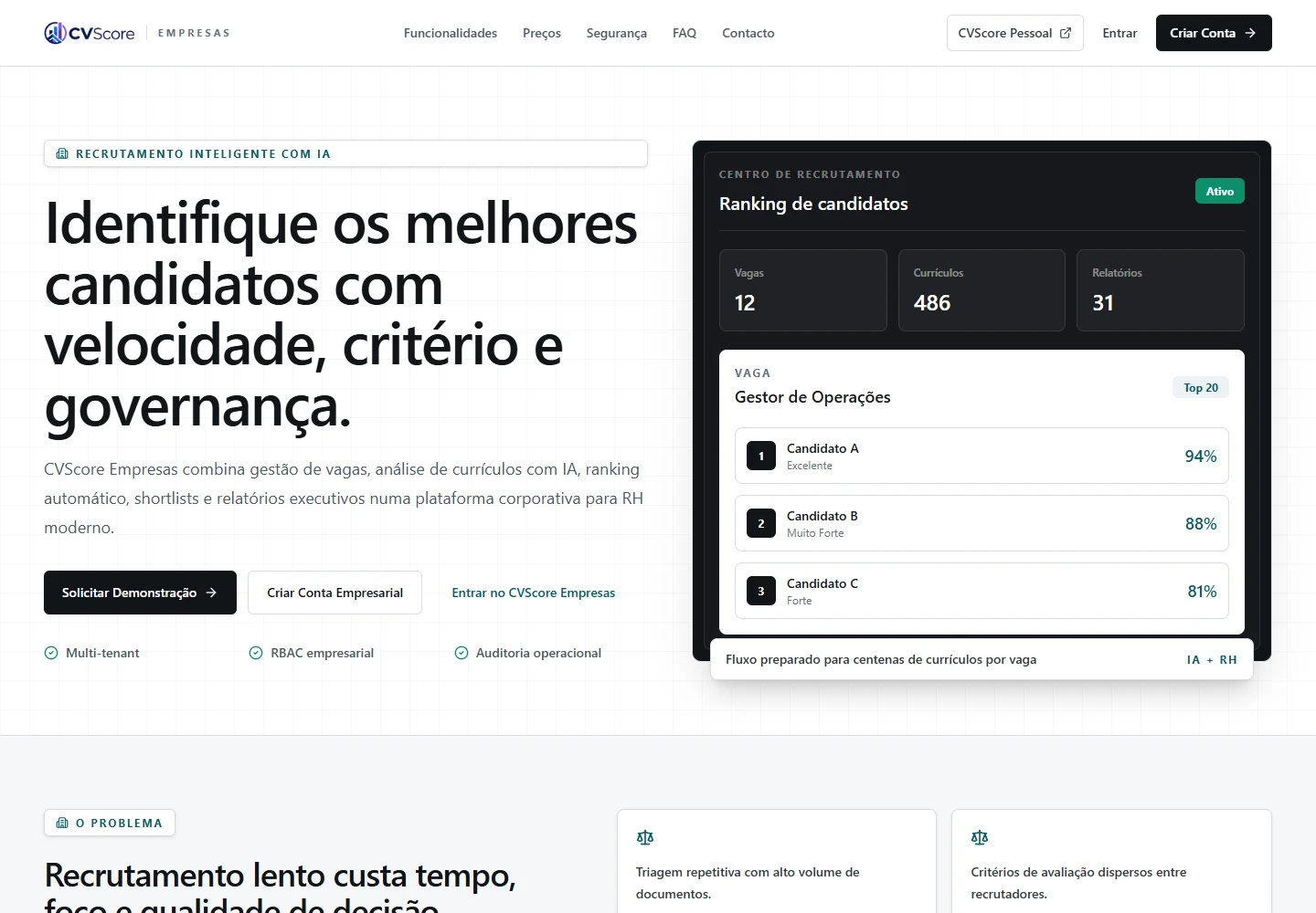 Captura do website público. Os dados de demonstração pertencem à apresentação do produto.