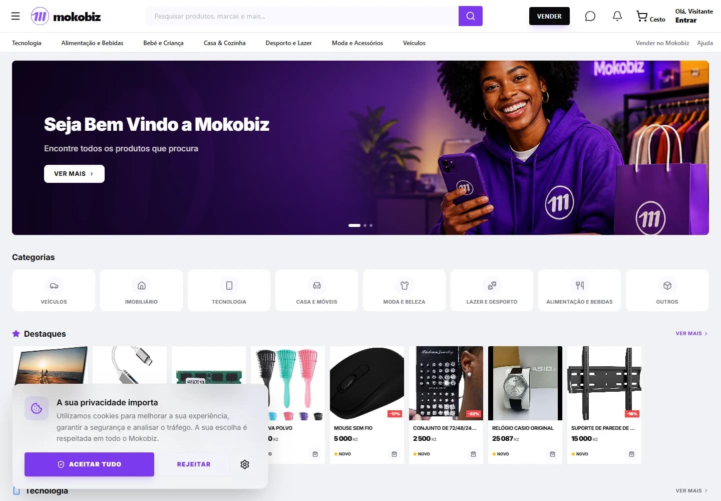 Captura do website público. Os dados de demonstração pertencem à apresentação do produto.